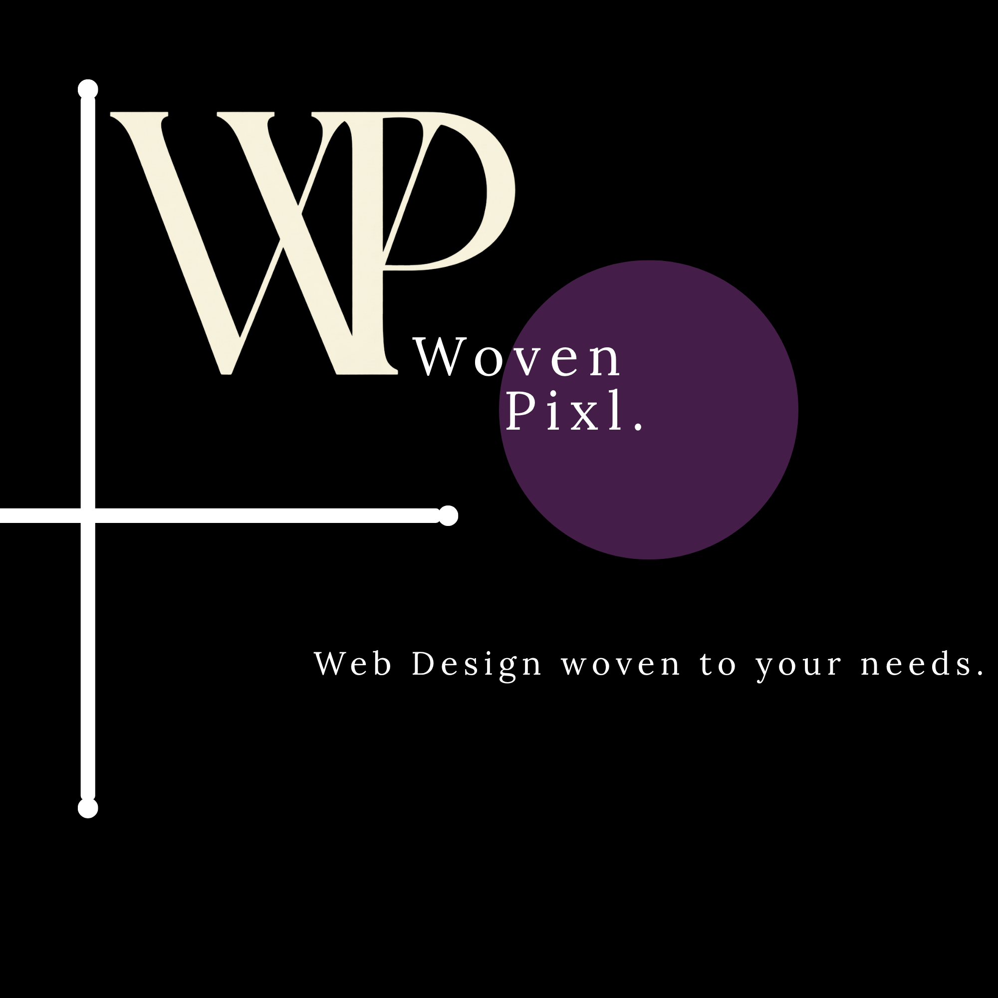 Woven Pixl monogram in cream and purple, with the tagline Web design woven to your needs.